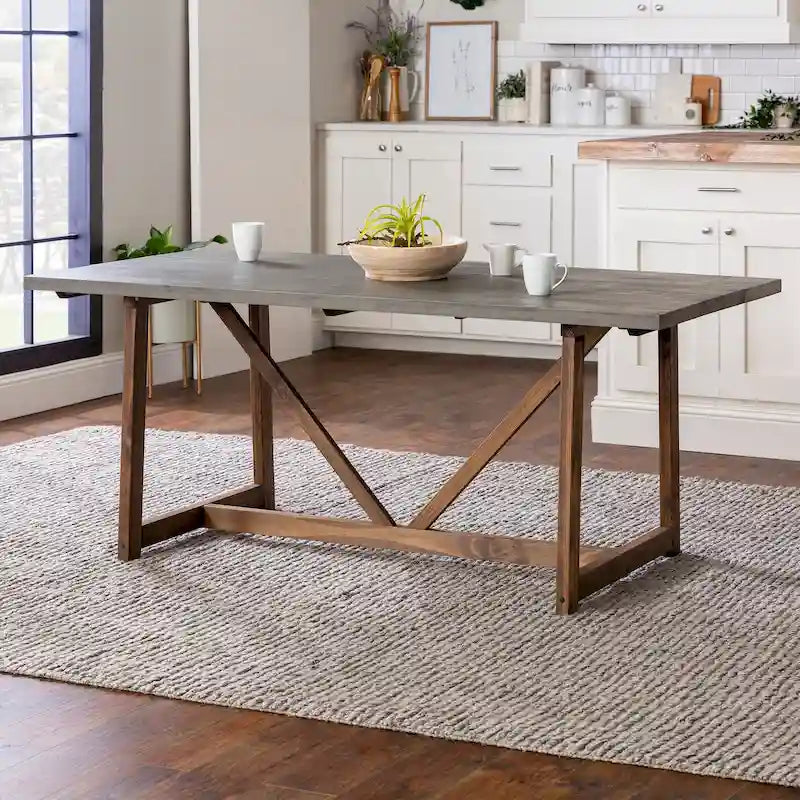 Table de salle à manger tréteaux de ferme en bois massif avec finition vieillie bicolore