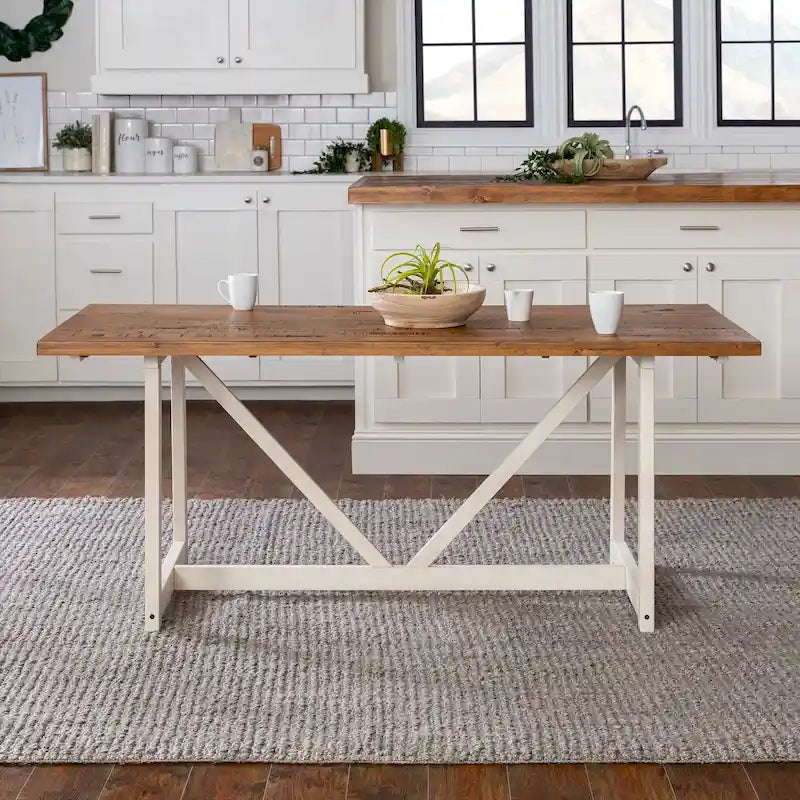 Table de salle à manger tréteaux de ferme en bois massif avec finition vieillie bicolore