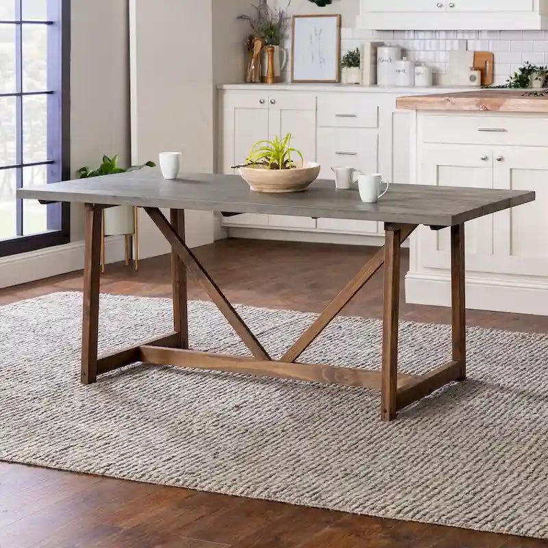Table de salle à manger tréteaux de ferme en bois massif avec finition vieillie bicolore