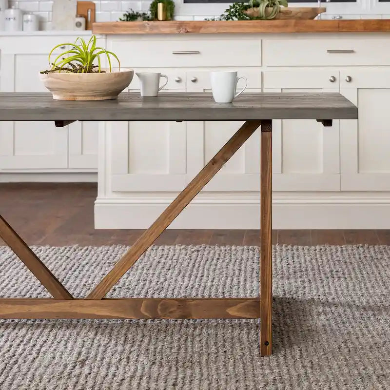 Table de salle à manger tréteaux de ferme en bois massif avec finition vieillie bicolore