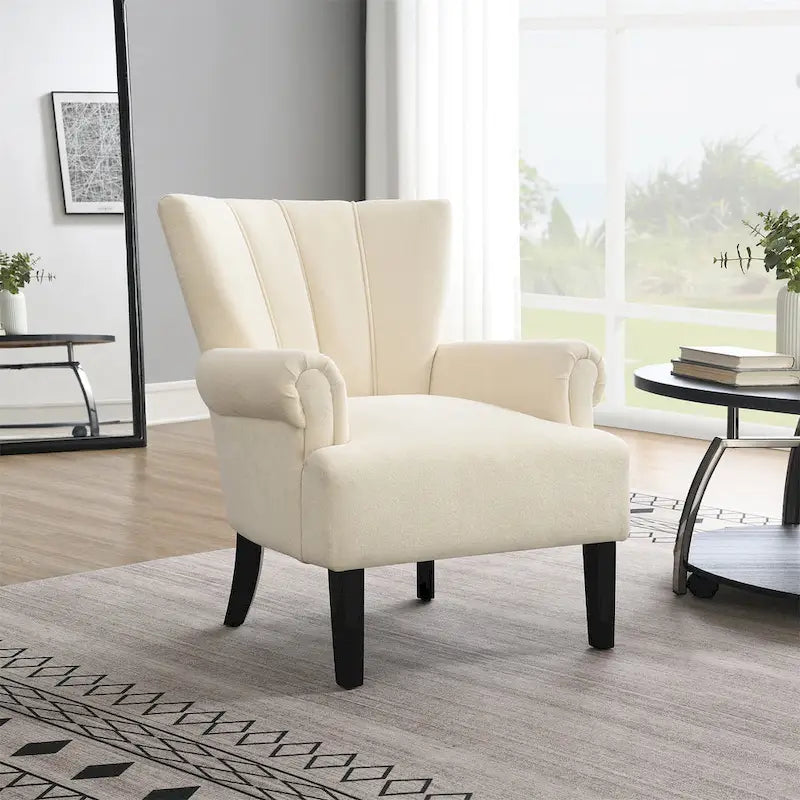 Fauteuil d'appoint à oreilles, accoudoirs arrondis, tissu doux, rembourrage en mousse, beige
