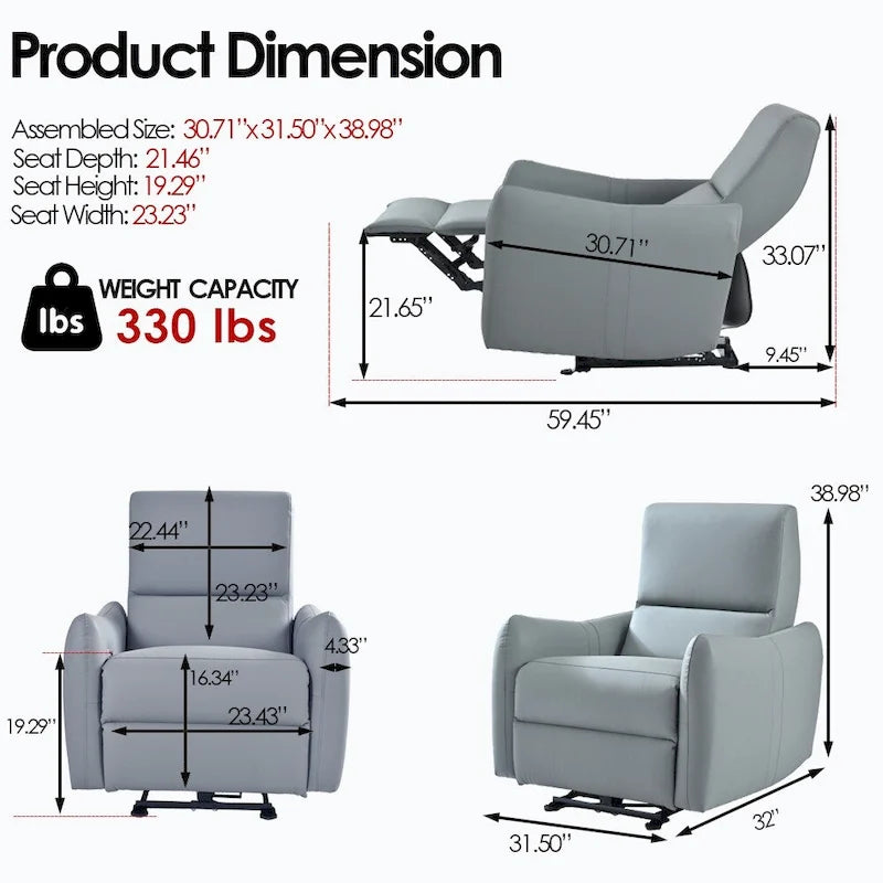 Fauteuil inclinable électrique mural en similicuir avec port de chargement USB gris clair et gris bleu