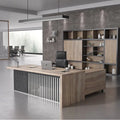 Bureau exécutif en L, style industriel moderne, imitation bois, avec classeur.