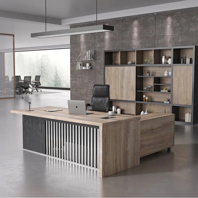 Bureau exécutif en L, style industriel moderne, imitation bois, avec classeur.