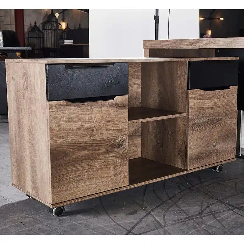 Bureau exécutif en L, style industriel moderne, imitation bois, avec classeur.