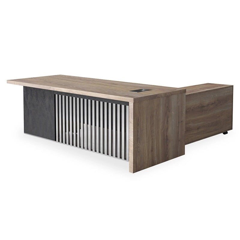 Bureau exécutif en L, style industriel moderne, imitation bois, avec classeur.