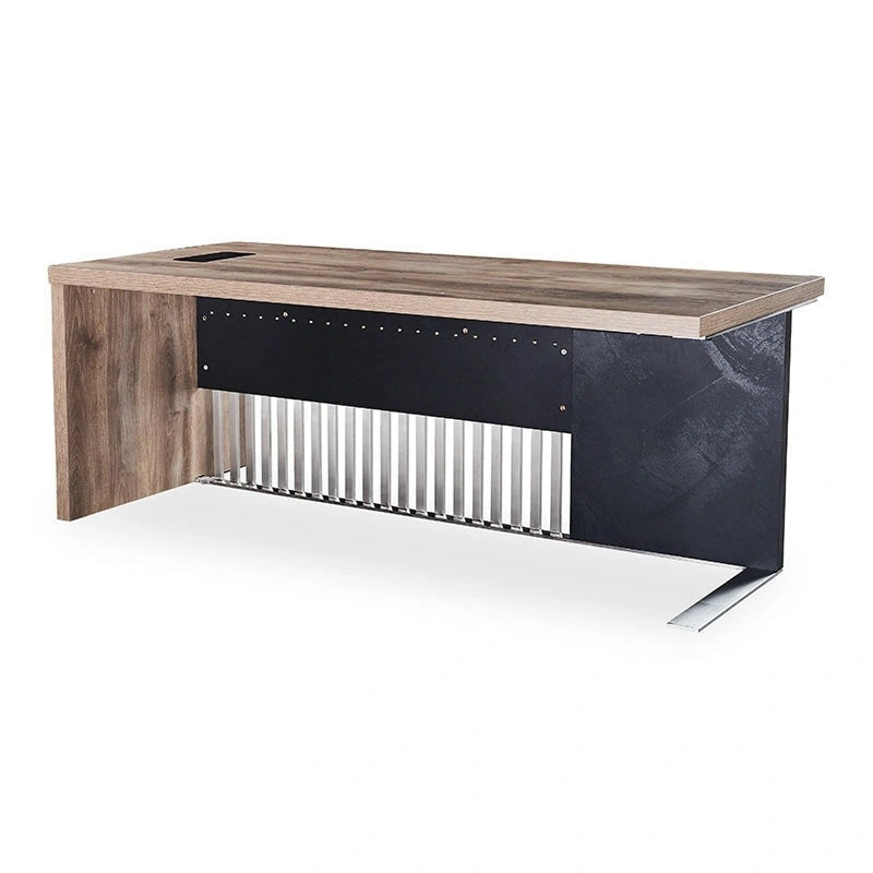Bureau exécutif en L, style industriel moderne, imitation bois, avec classeur.