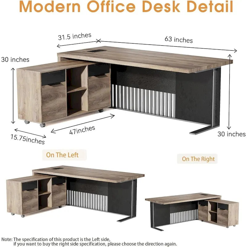 Bureau exécutif en L, style industriel moderne, imitation bois, avec classeur.