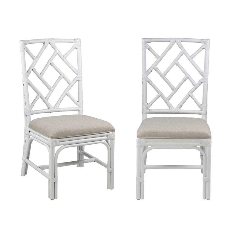 Chaise de salle à manger Chippendale coussinée en rotin tressé à la main blanc gris