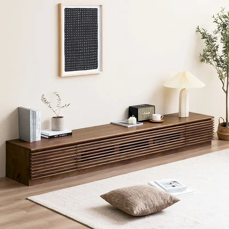 Meuble TV minimaliste avec tiroirs, console multimédia en bois massif avec placards, porte abattante, placage noyer, entièrement assemblé