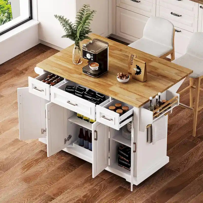 Grand îlot de cuisine avec abattant en bois, desserte à roulettes avec texture en relief, portes, tiroirs et rangement pour cuisine, blanc