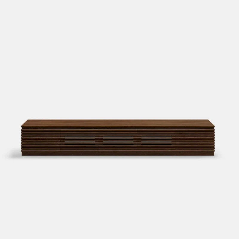 Meuble TV minimaliste avec tiroirs, console multimédia en bois massif avec placards, porte abattante, placage noyer, entièrement assemblé