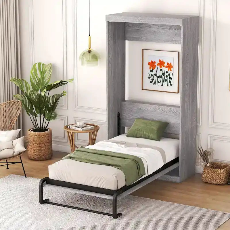 Lit escamotable une place, peut être replié en armoire, gris
