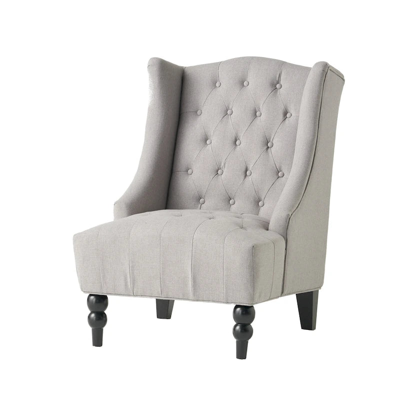 Fauteuil club capitonné à dossier haut avec accoudoirs, surpiqûres à losanges et boutons, argent