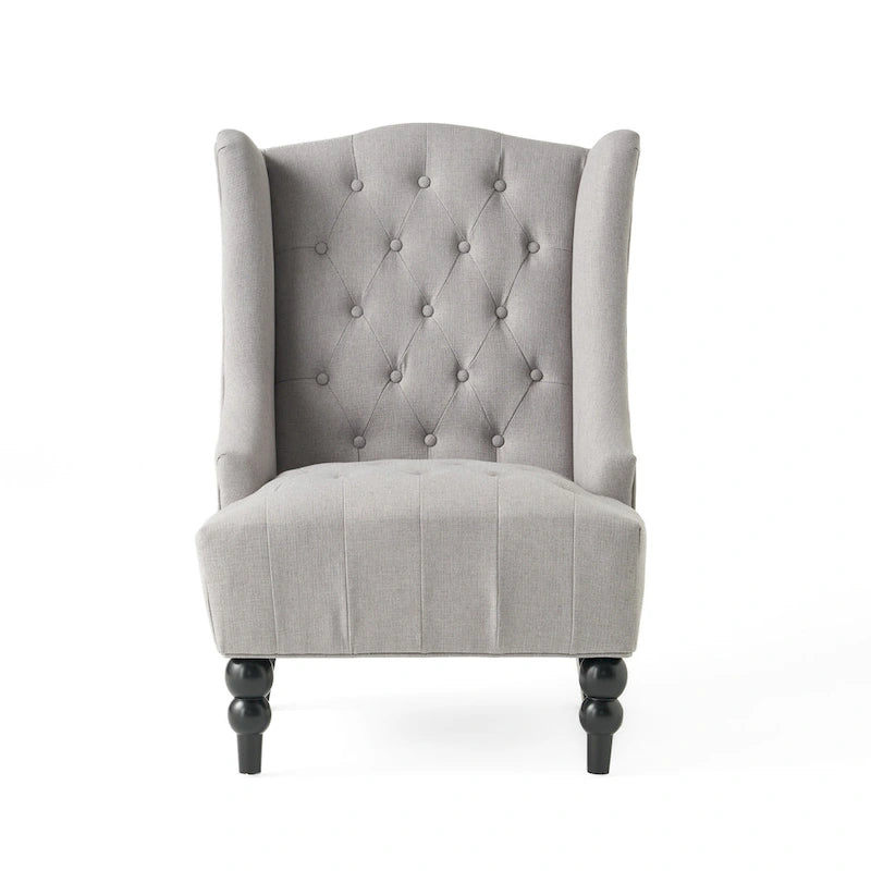 Fauteuil club capitonné à dossier haut avec accoudoirs, surpiqûres à losanges et boutons, argent
