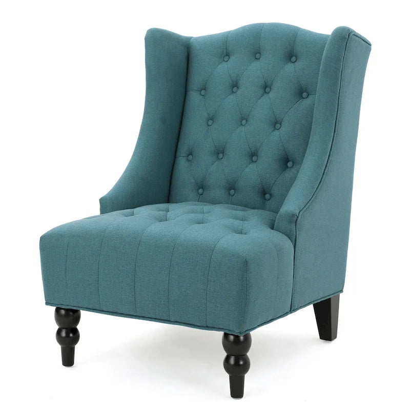 Fauteuil club capitonné à dossier haut avec accoudoirs, surpiqûres à losanges et boutons, argent