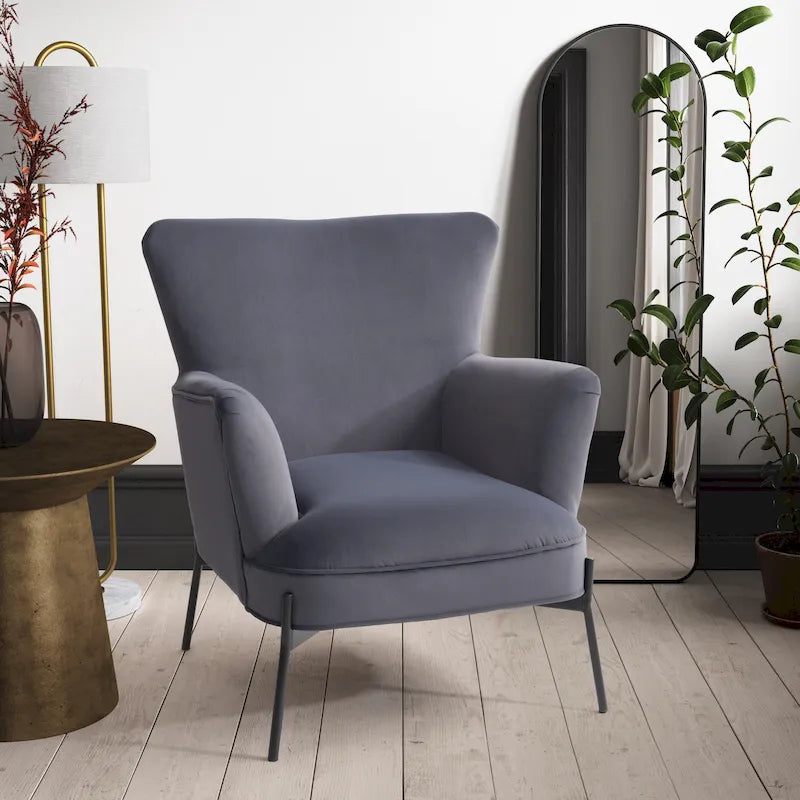 Fauteuil d'appoint dossier haut en velours avec accoudoirs évasés et pieds en métal
