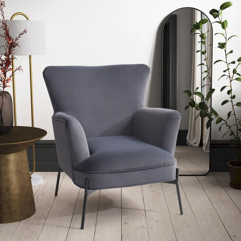 Fauteuil d'appoint dossier haut en velours avec accoudoirs évasés et pieds en métal