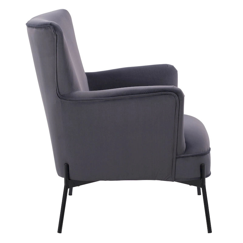 Fauteuil d'appoint dossier haut en velours avec accoudoirs évasés et pieds en métal