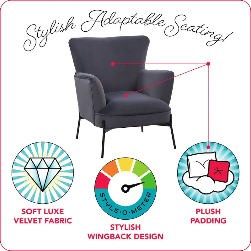Fauteuil d'appoint dossier haut en velours avec accoudoirs évasés et pieds en métal