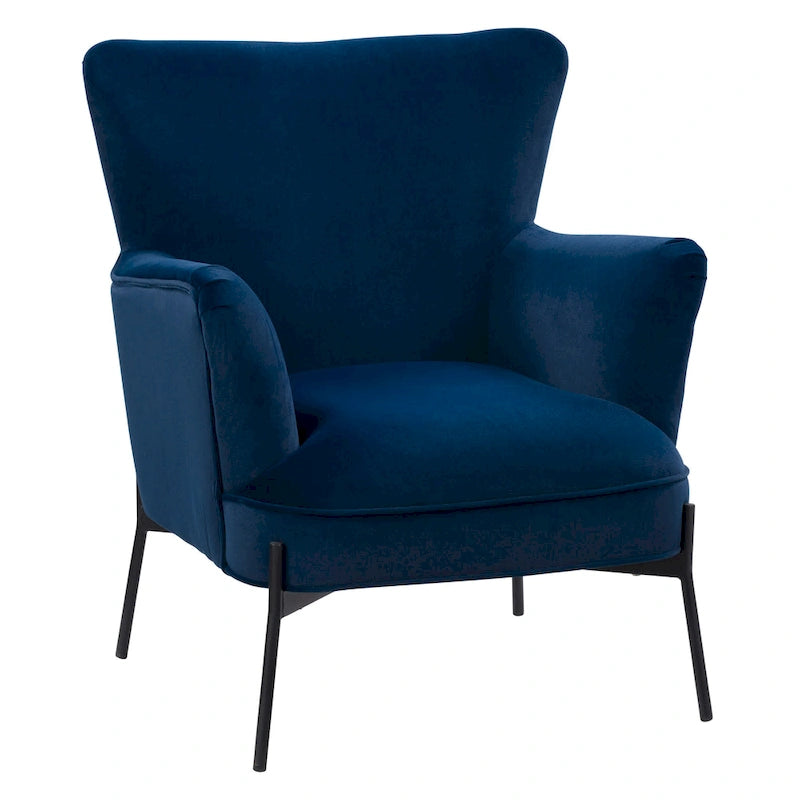 Fauteuil d'appoint dossier haut en velours avec accoudoirs évasés et pieds en métal