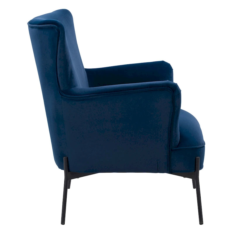 Fauteuil d'appoint dossier haut en velours avec accoudoirs évasés et pieds en métal