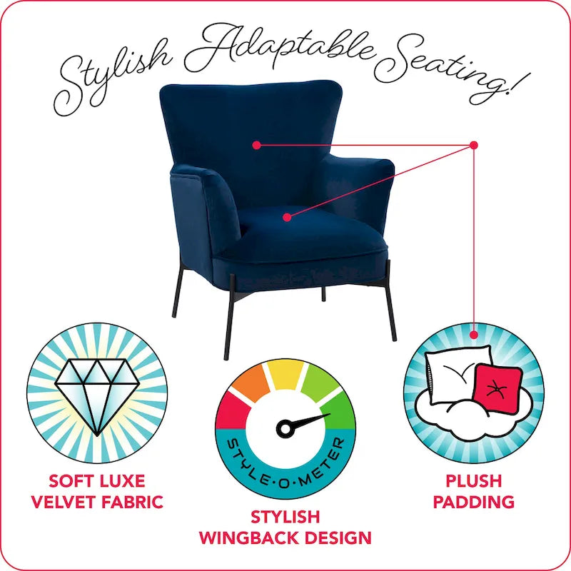 Fauteuil d'appoint dossier haut en velours avec accoudoirs évasés et pieds en métal