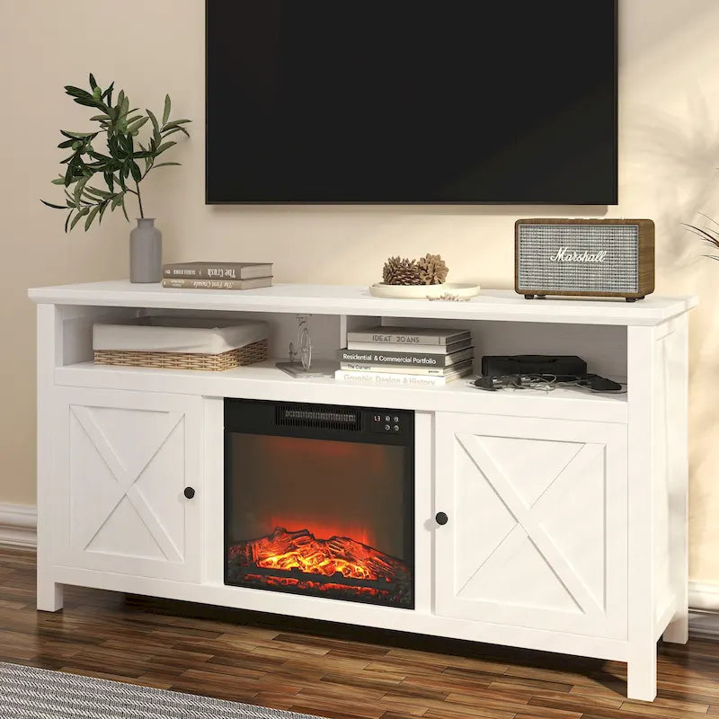 Meuble TV de ferme de 58 po avec foyer électrique intégré Blanc Marron
