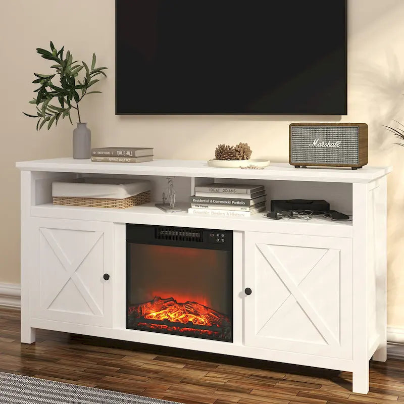 Meuble TV de ferme de 58 po avec foyer électrique intégré Blanc Marron
