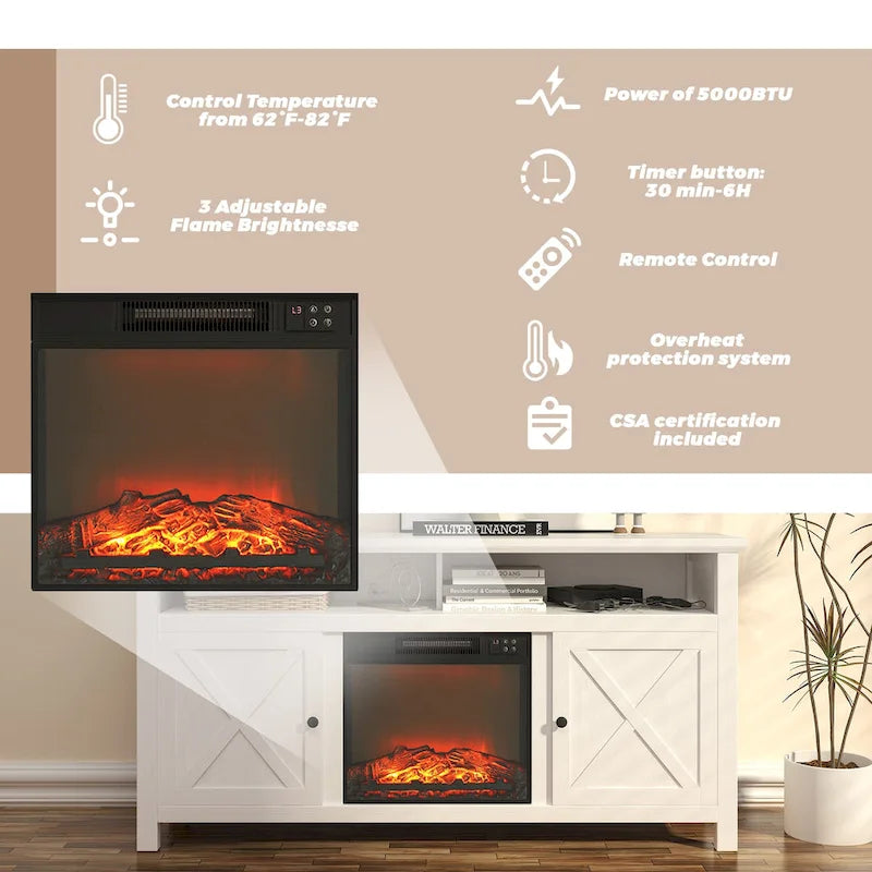 Meuble TV de ferme de 58 po avec foyer électrique intégré Blanc Marron