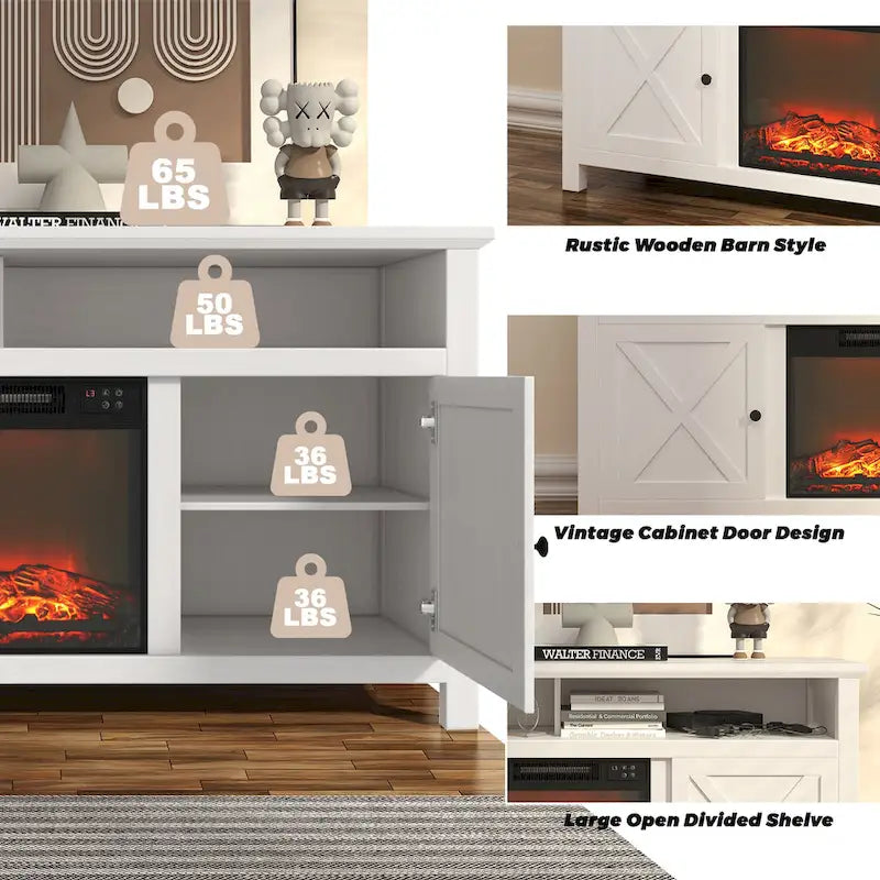 Meuble TV de ferme de 58 po avec foyer électrique intégré Blanc Marron