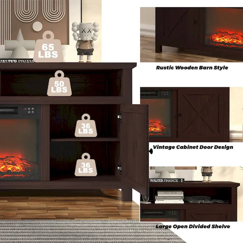 Meuble TV de ferme de 58 po avec foyer électrique intégré Blanc Marron