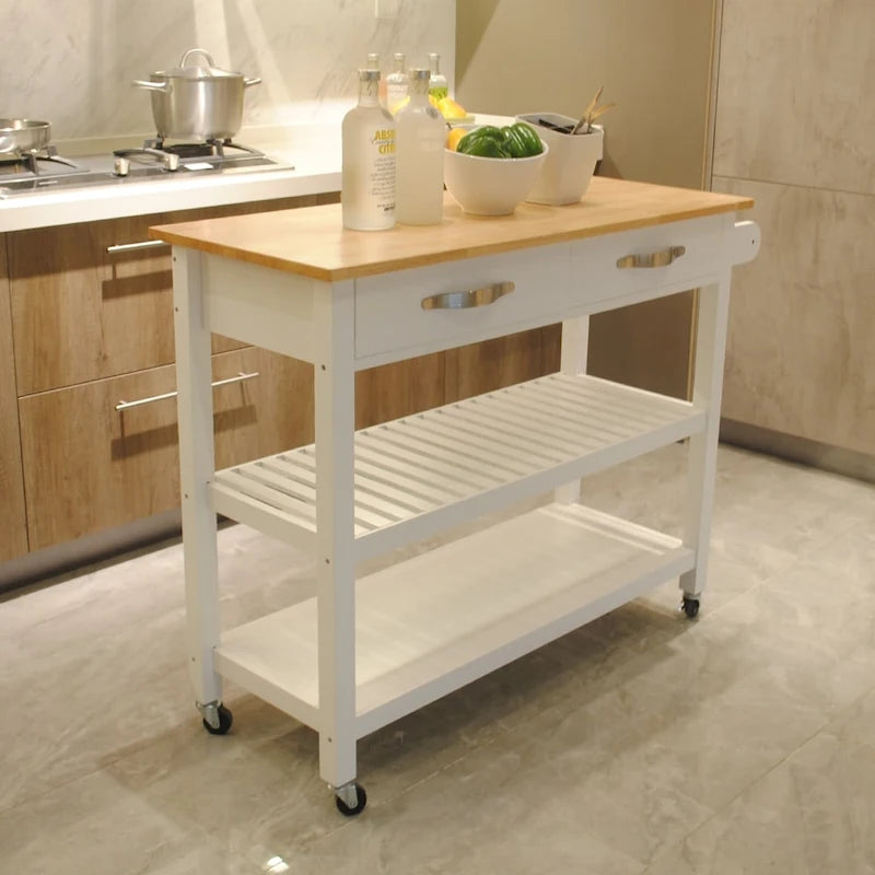 Desserte de cuisine en bois roulante avec tiroirs et porte-serviettes Blanc Naturel