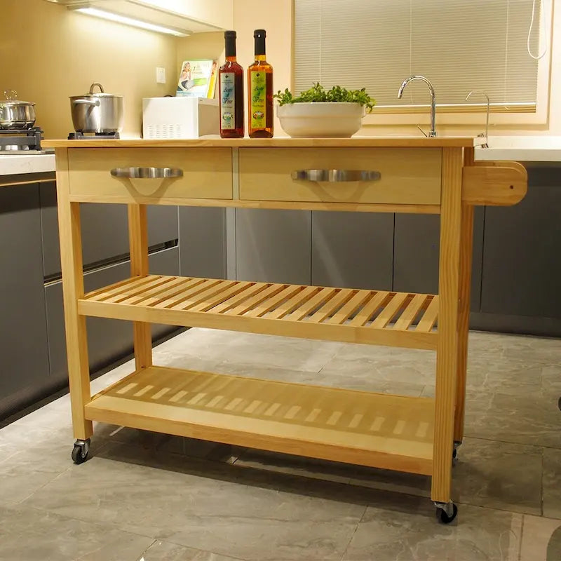 Desserte de cuisine en bois roulante avec tiroirs et porte-serviettes Blanc Naturel
