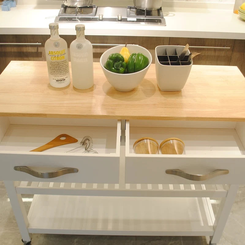 Desserte de cuisine en bois roulante avec tiroirs et porte-serviettes Blanc Naturel