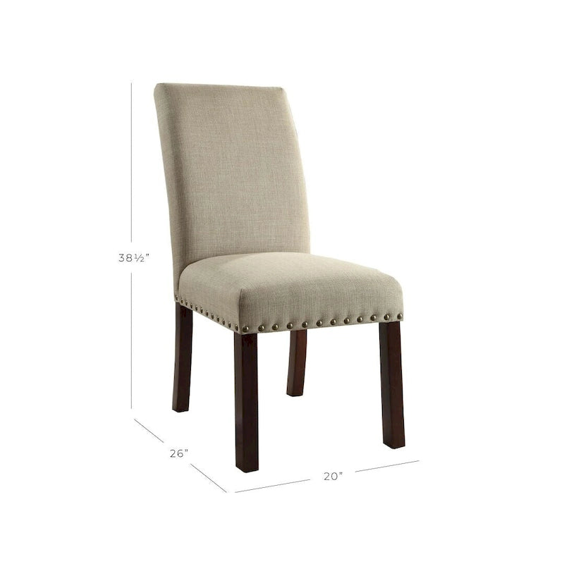 Chaise de salle à manger Parsons en lin hâlé avec clous décoratifs en bois marron antique