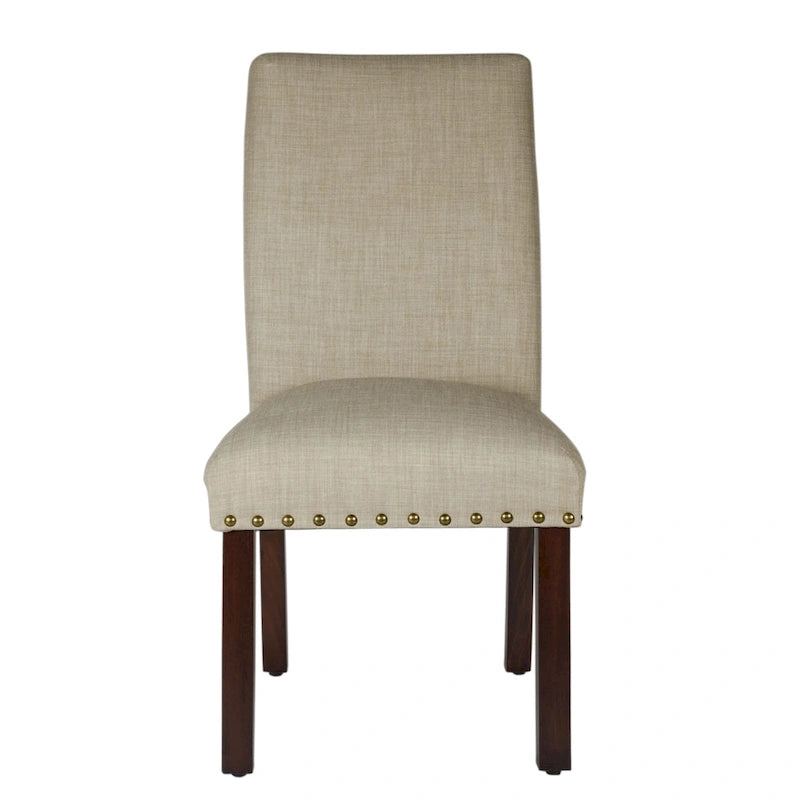 Chaise de salle à manger Parsons en lin hâlé avec clous décoratifs en bois marron antique