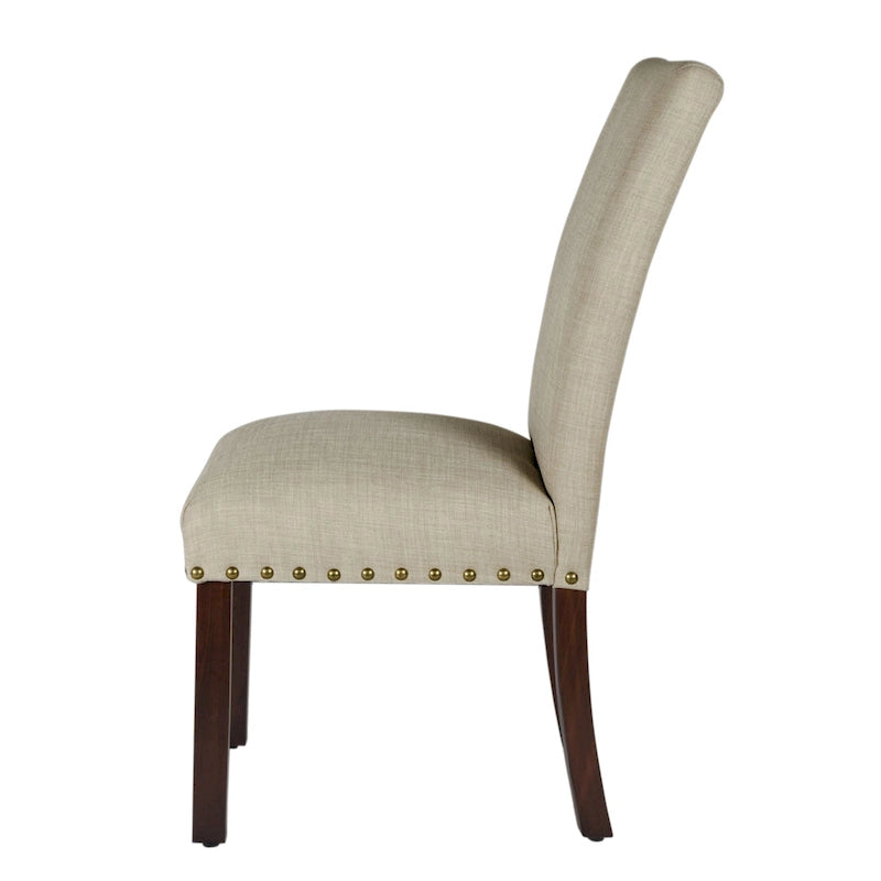 Chaise de salle à manger Parsons en lin hâlé avec clous décoratifs en bois marron antique