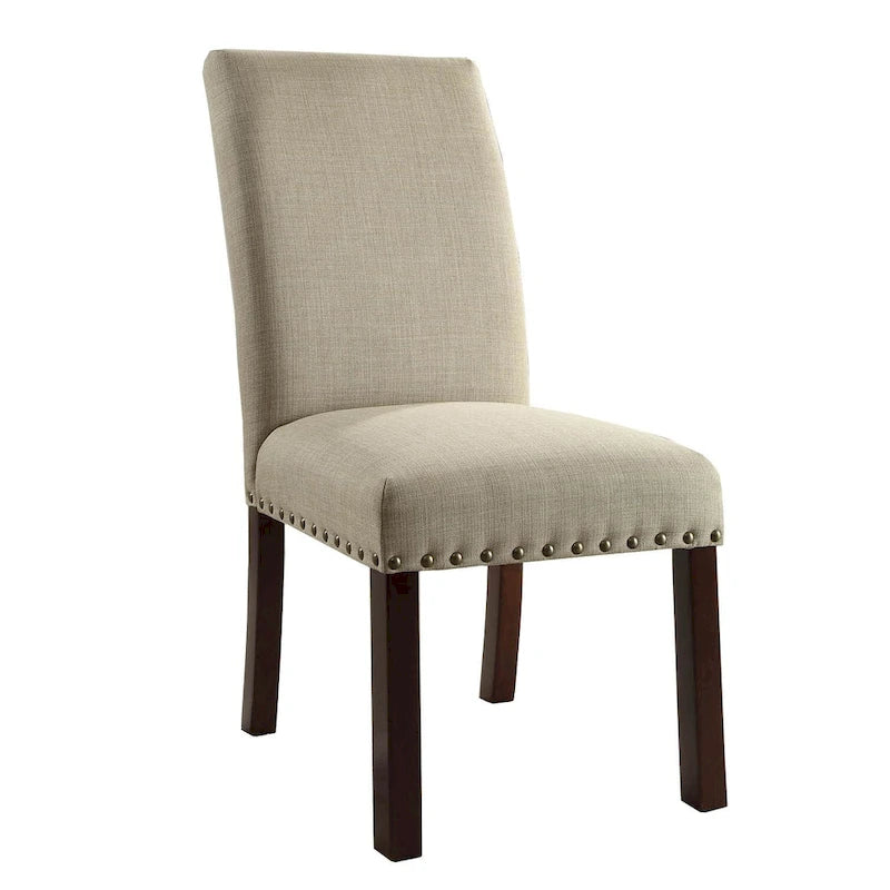 Chaise de salle à manger Parsons en lin hâlé avec clous décoratifs en bois marron antique