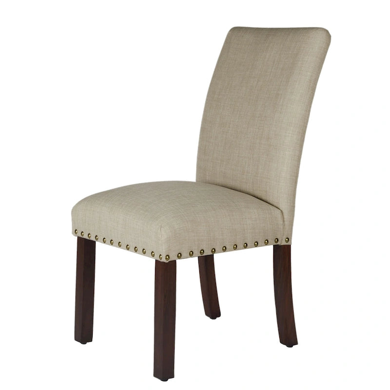 Chaise de salle à manger Parsons en lin hâlé avec clous décoratifs en bois marron antique