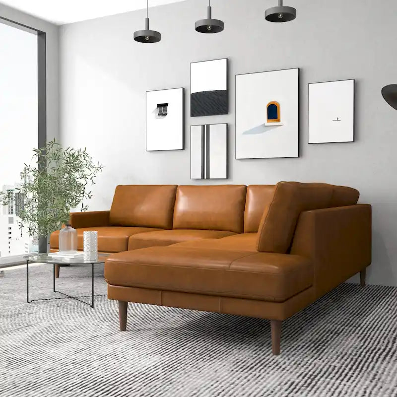 Canapé Mid-Century Modern en cuir véritable avec pieds en bois de noyer Cognac Tan