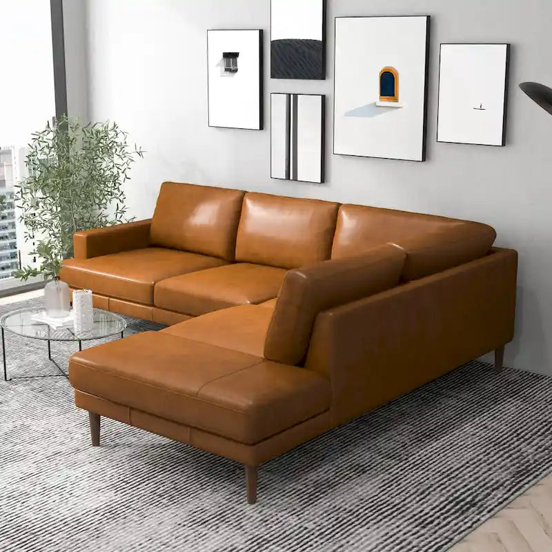 Canapé Mid-Century Modern en cuir véritable avec pieds en bois de noyer Cognac Tan