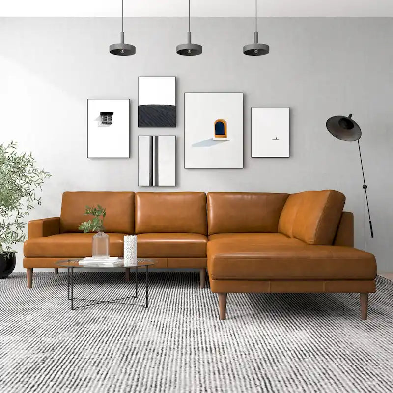 Canapé Mid-Century Modern en cuir véritable avec pieds en bois de noyer Cognac Tan
