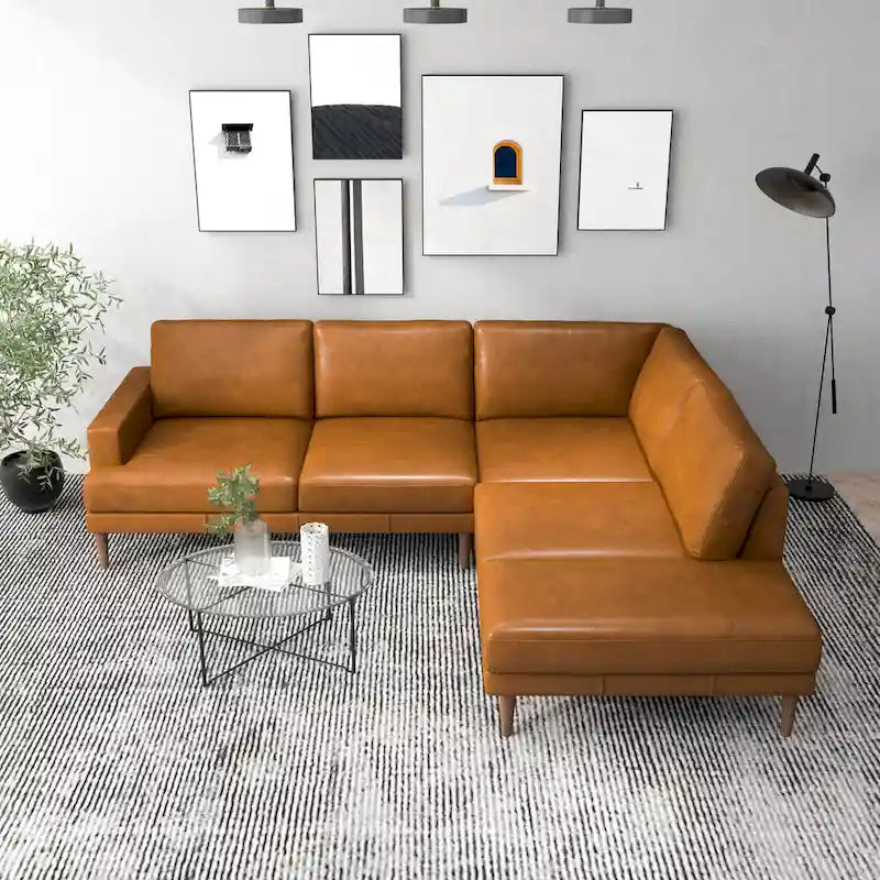 Canapé Mid-Century Modern en cuir véritable avec pieds en bois de noyer Cognac Tan
