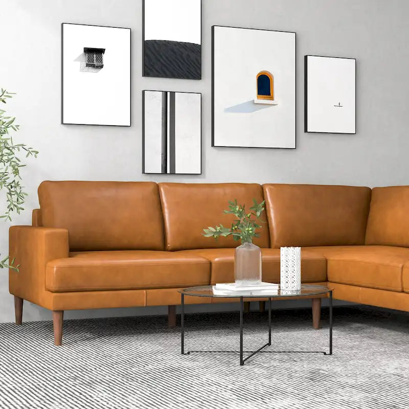 Canapé Mid-Century Modern en cuir véritable avec pieds en bois de noyer Cognac Tan