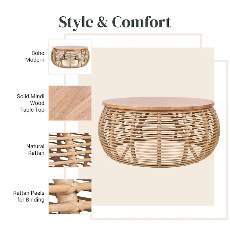 Table Basse Ronde en Rotin Tressé Miel avec Plateau en Bois de Pin