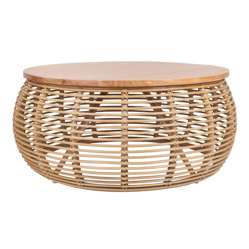 Table Basse Ronde en Rotin Tressé Miel avec Plateau en Bois de Pin