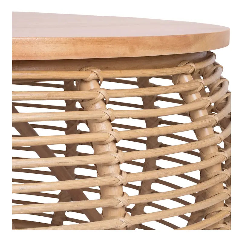 Table Basse Ronde en Rotin Tressé Miel avec Plateau en Bois de Pin