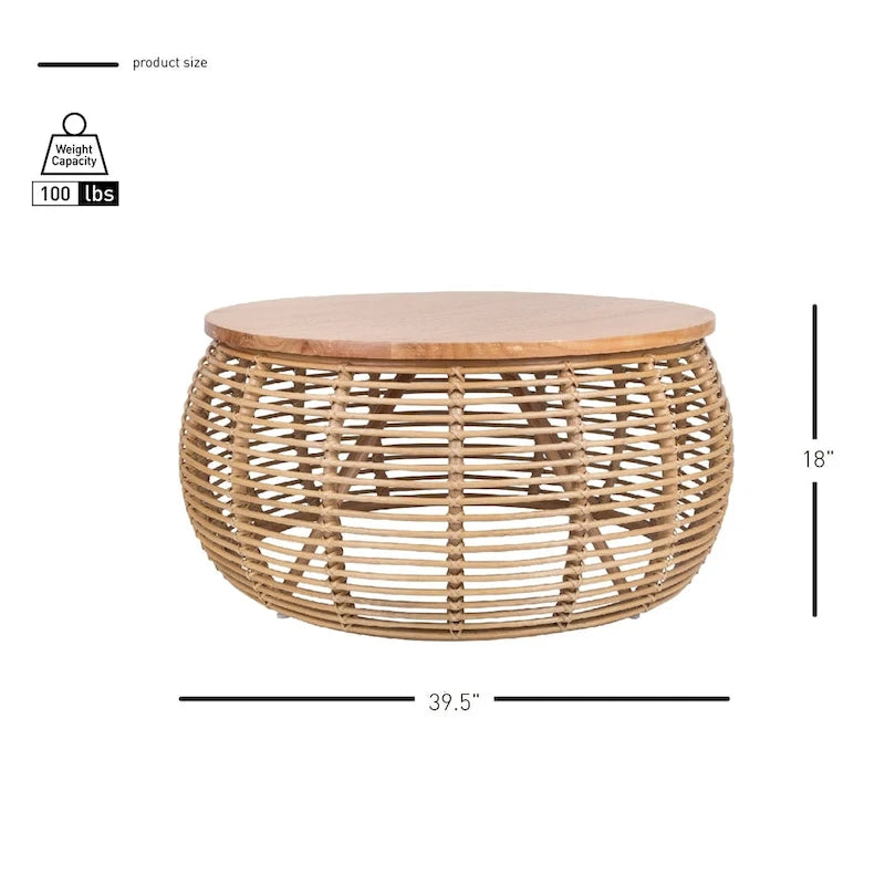 Table Basse Ronde en Rotin Tressé Miel avec Plateau en Bois de Pin