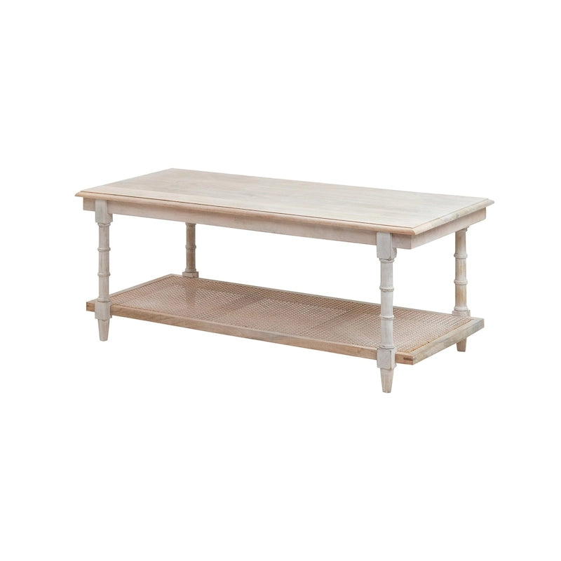 Table basse étagère en rotin et manguier avec pieds tournés, finition blanchie
